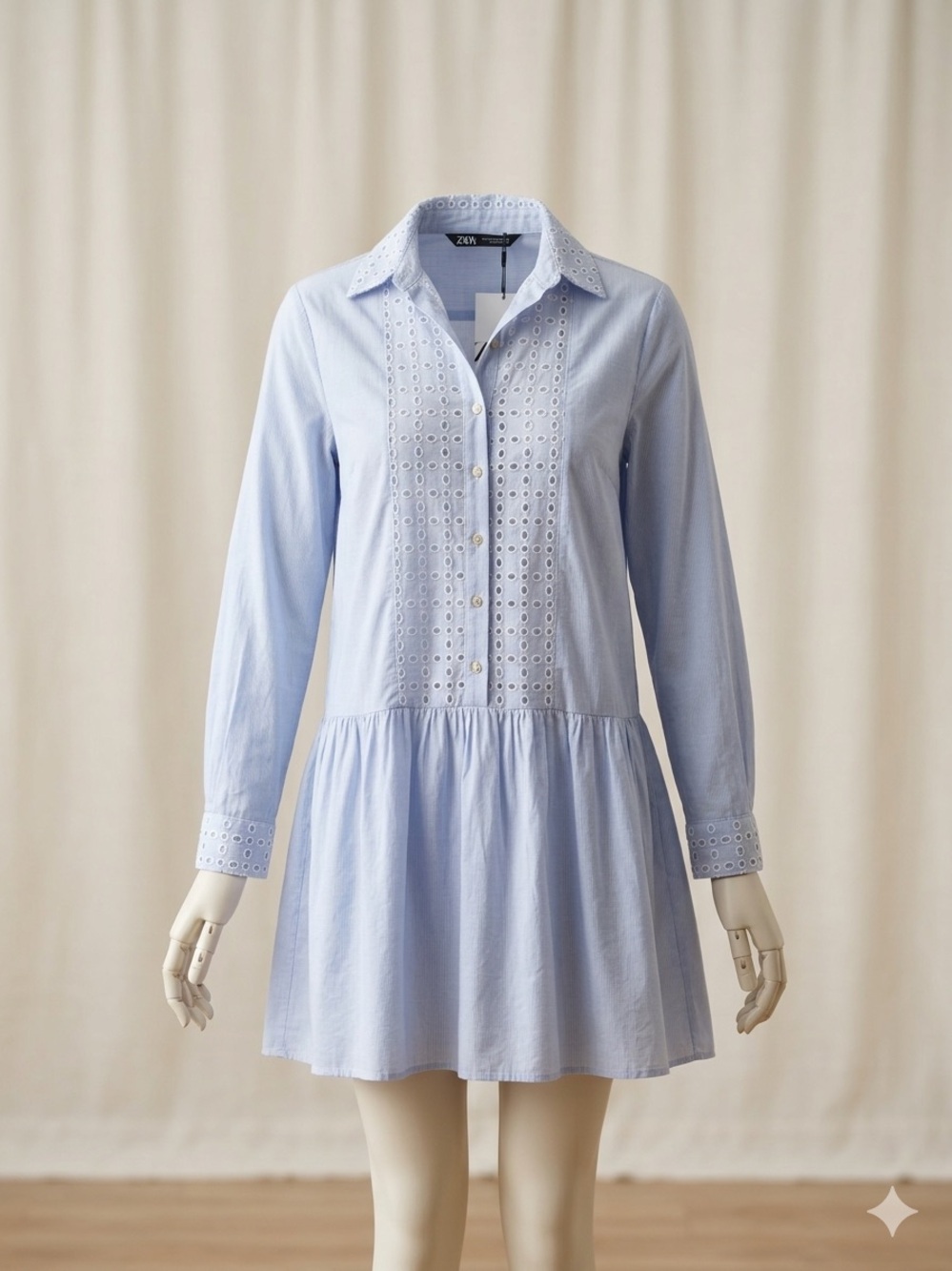 Zara Light Blue Eyelet Shirt Dress with Collar